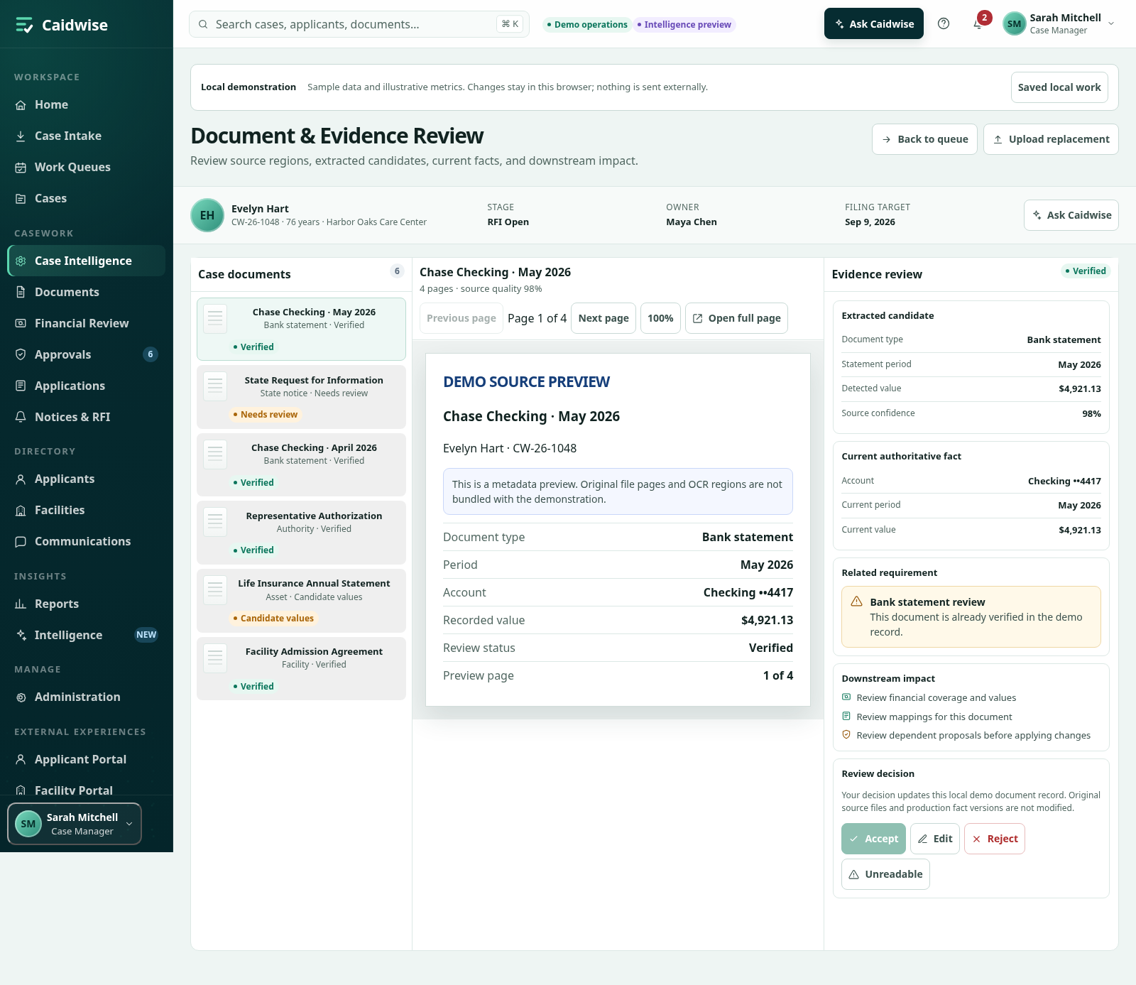Complete Document and Evidence Review interface with its page heading, patient information bar, case documents, document metadata preview, and evidence comparison.
