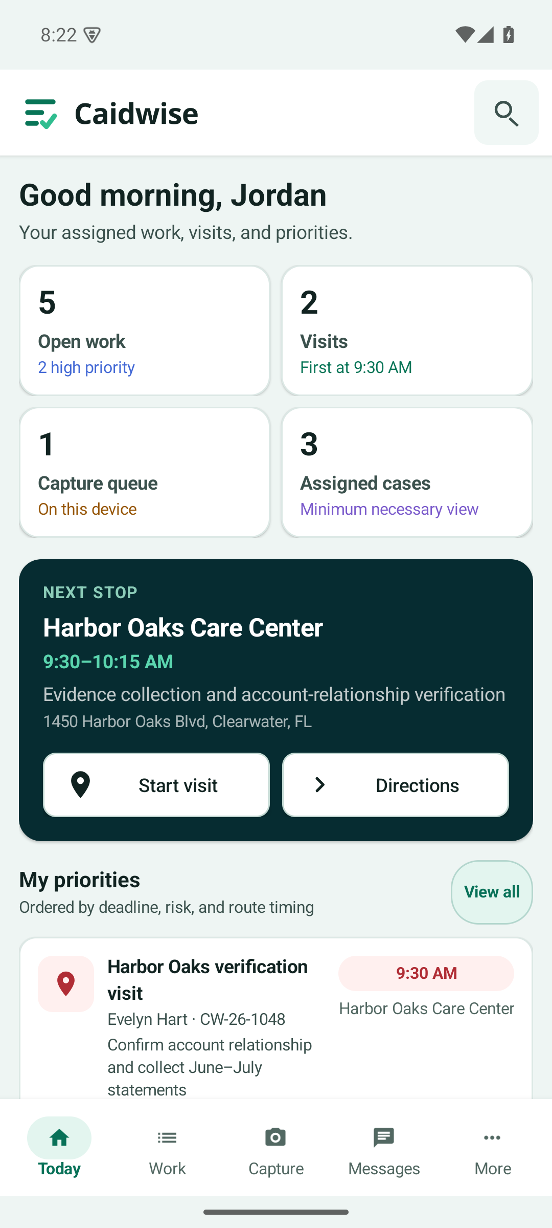 Actual phone interface with the Caidwise Ledger logo, open work, visit details, and bottom navigation.