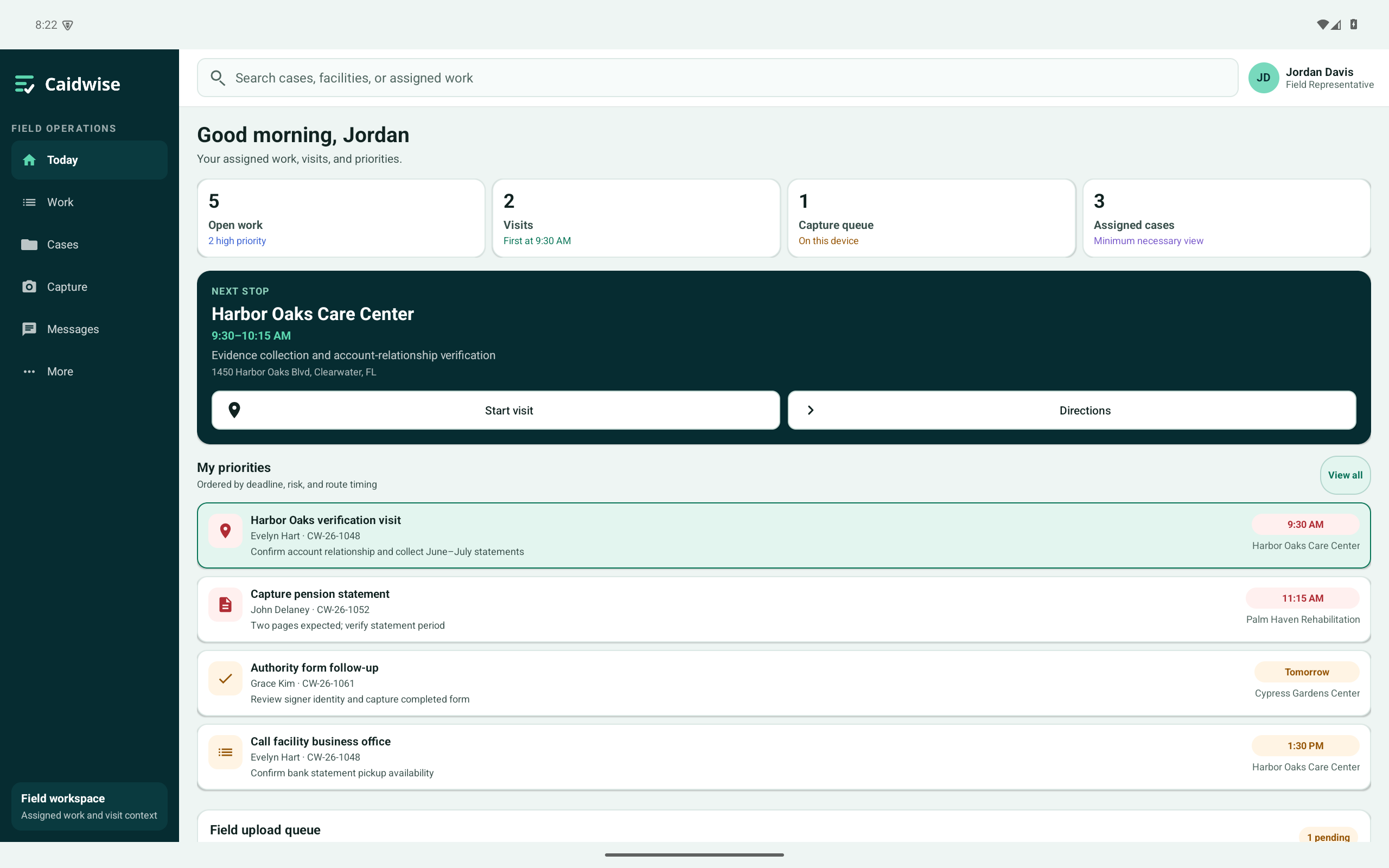 Actual tablet interface with assigned work, next visit, and case priorities.